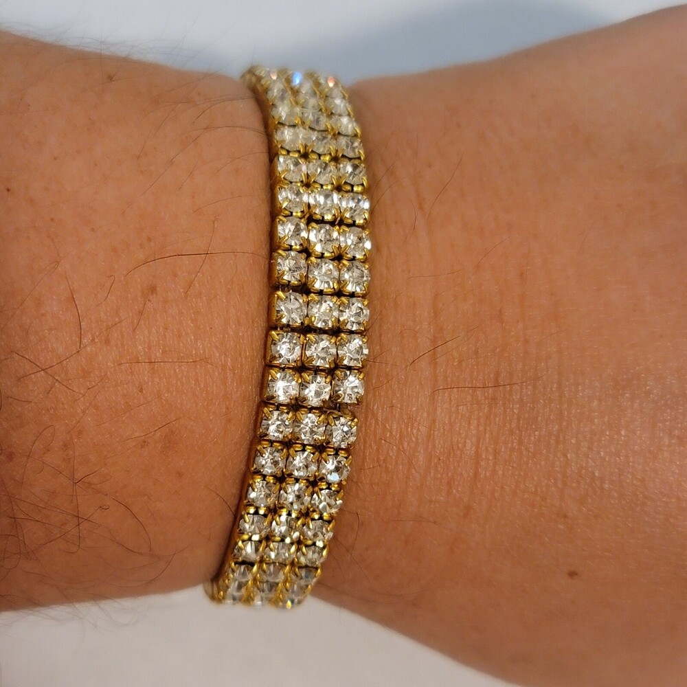 Gold Tone Rhinestone Stretch Bracelet – Multi-Row Sparkle Band